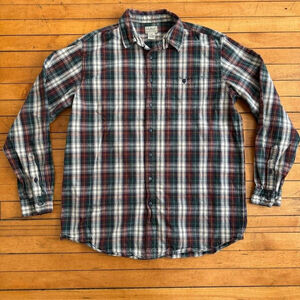Vintage LL Bean cream White red green button Plaid Flannel Shirt
